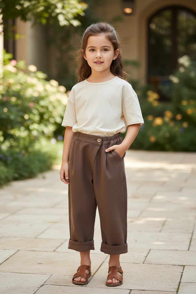 Pantalon En Lin Marron Ample Élastique Décontracté Enfant