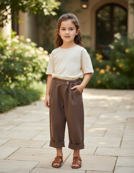 Pantalon En Lin Marron Ample Élastique Décontracté Enfant