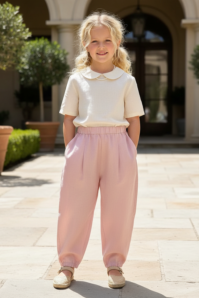Pantalon En Lin Rose Ample Décontracté Enfant