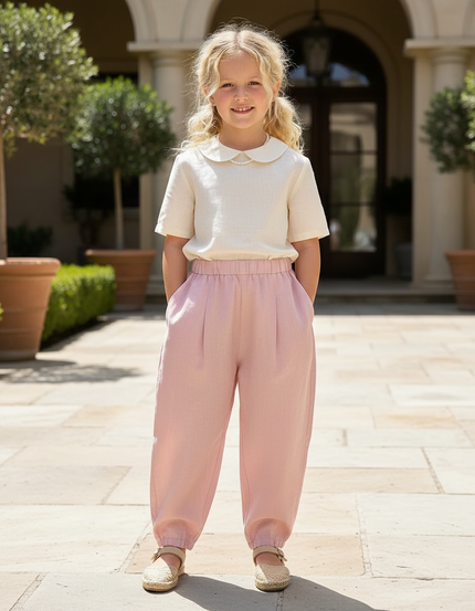 Pantalon En Lin Rose Ample Décontracté Enfant