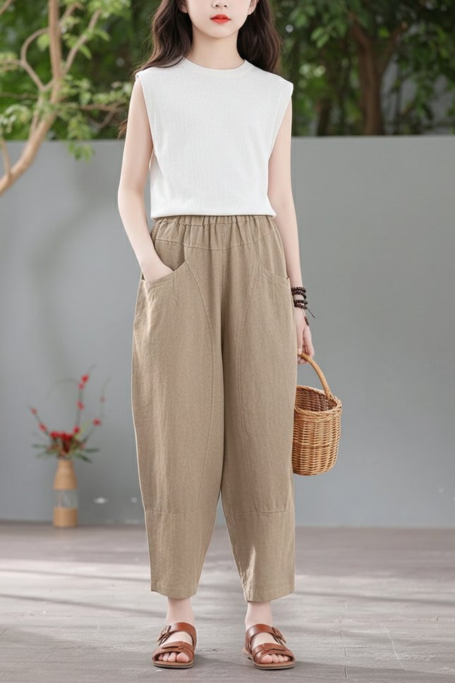 Pantalon En Lin Ample Élastiqué Décontracté Femme - Kaki