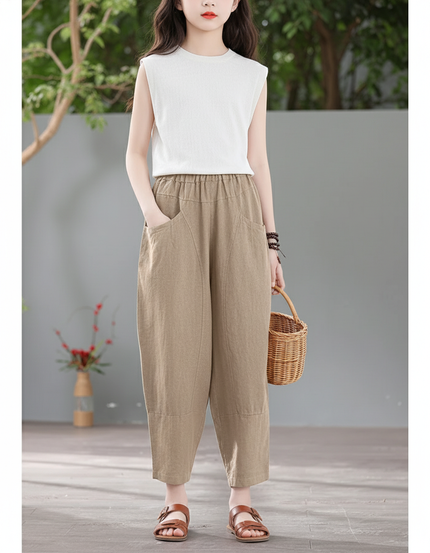 Pantalon En Lin Ample Élastiqué Décontracté Femme - Kaki