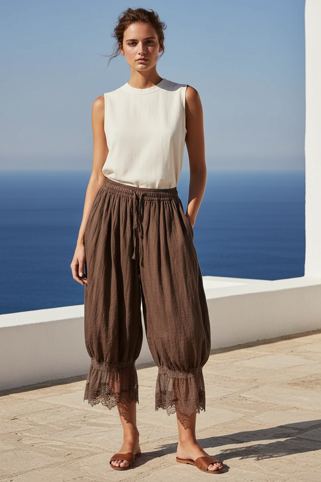 Pantalon En Lin Marron Ample Dentelle Cordon Femme