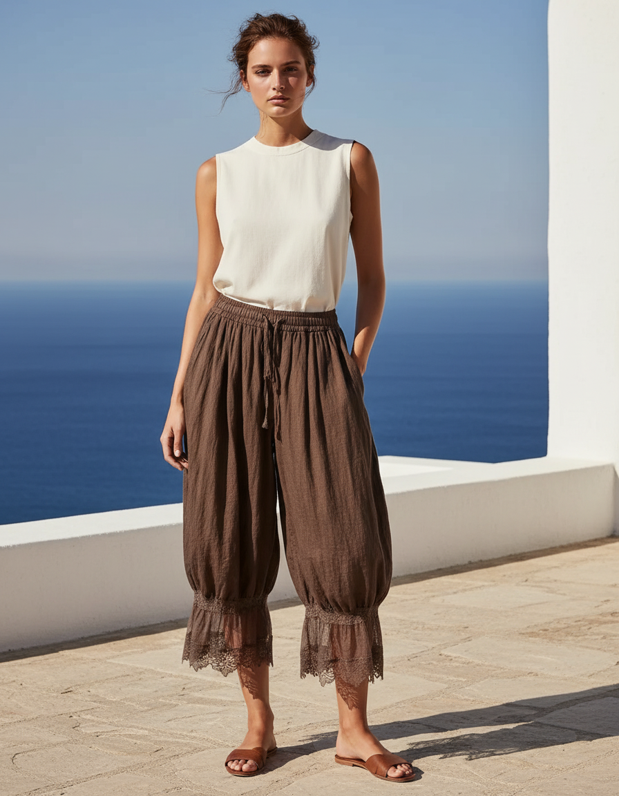 Pantalon En Lin Marron Ample Dentelle Cordon Femme