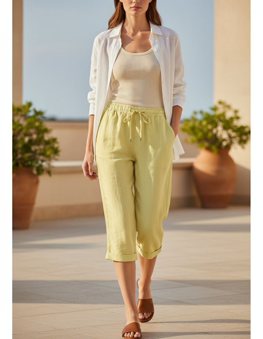 Pantalon Lin Coton Femme Grande Taille - Vert