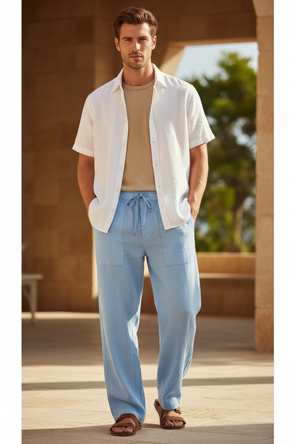 Pantalon En Lin Mélangé Avec Cordon De Serrage - Bleu