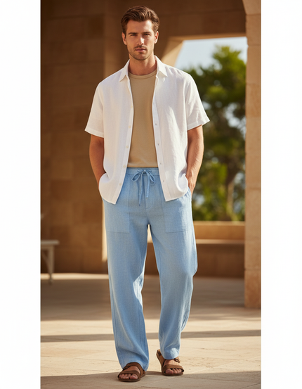 Pantalon En Lin Mélangé Avec Cordon De Serrage - Bleu