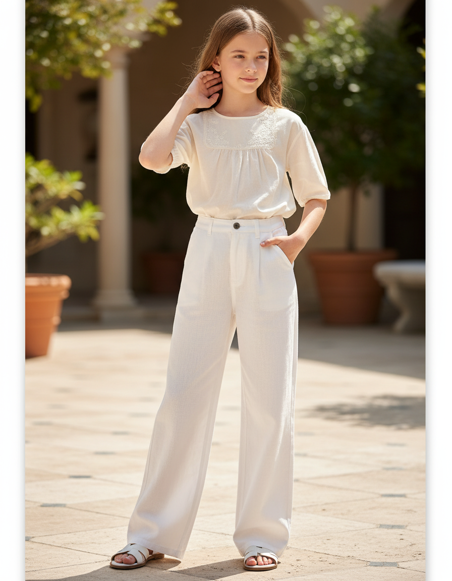 Pantalon En Lin Blanc Ample Droit Enfant Décontracté