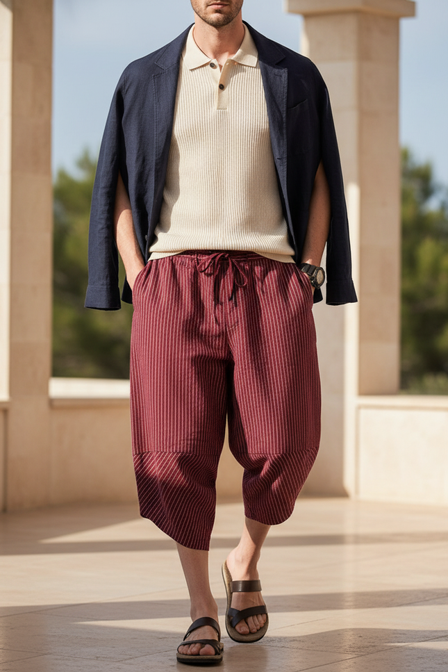 Pantalon En Lin Rouge Rayé Ample Décontracté Harem