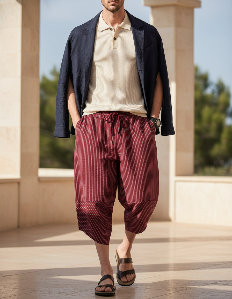 Pantalon En Lin Rouge Rayé Ample Décontracté Harem