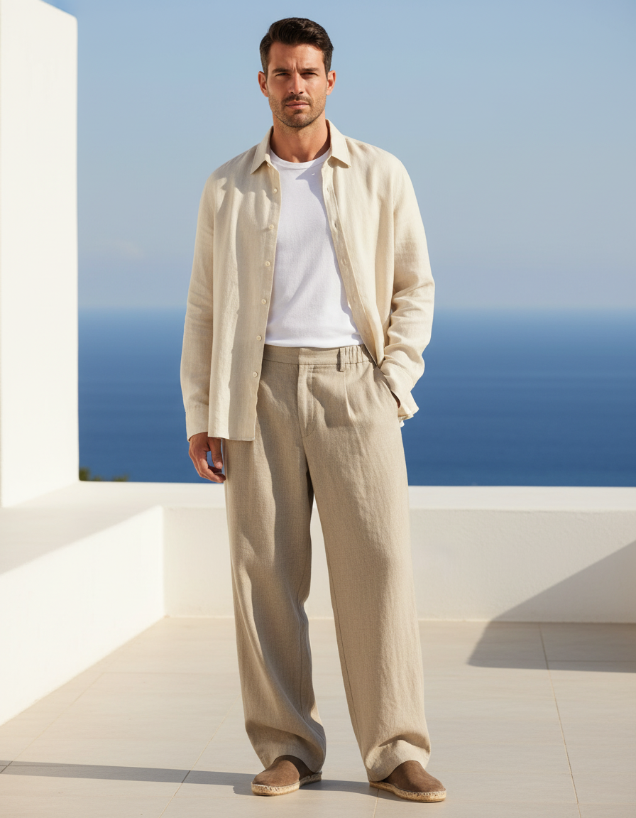 Pantalon En Lin Beige Ample Droit Décontracté Homme