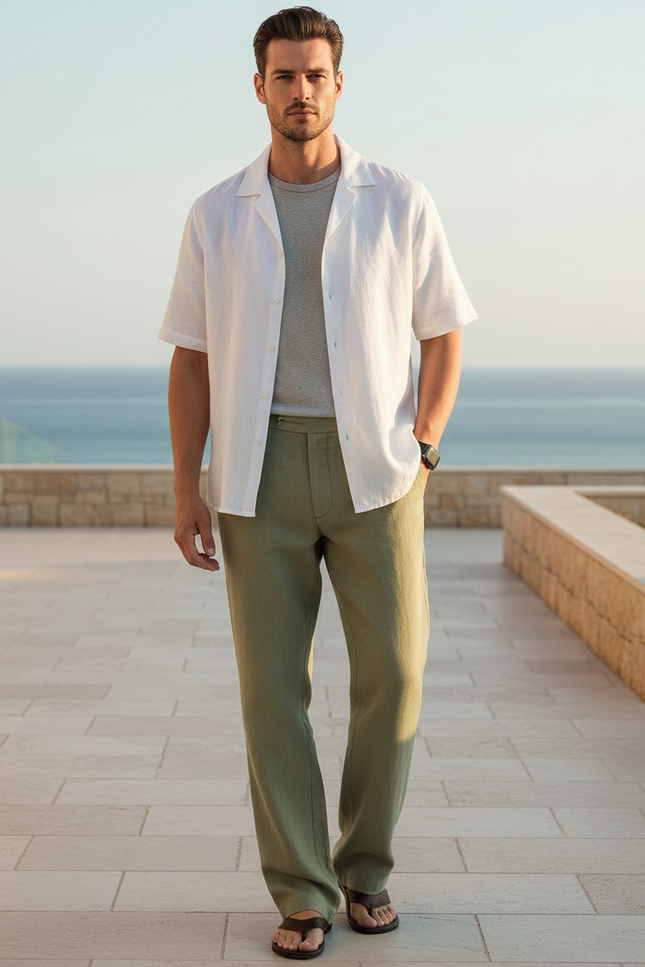 Pantalon En Lin Vert Homme Décontracté Confortable Léger