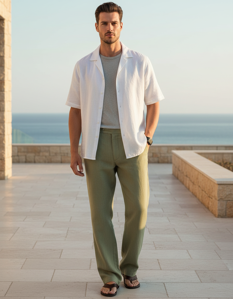 Pantalon En Lin Vert Homme Décontracté Confortable Léger