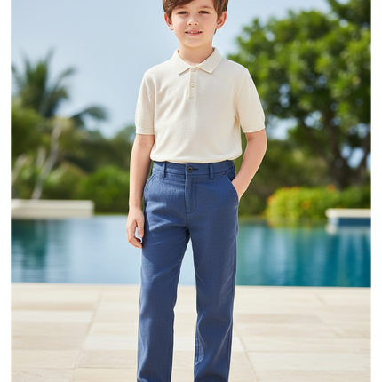Pantalon En Lin Bleu Droit Décontracté Garçon