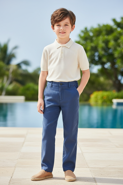 Pantalon En Lin Bleu Droit Décontracté Garçon