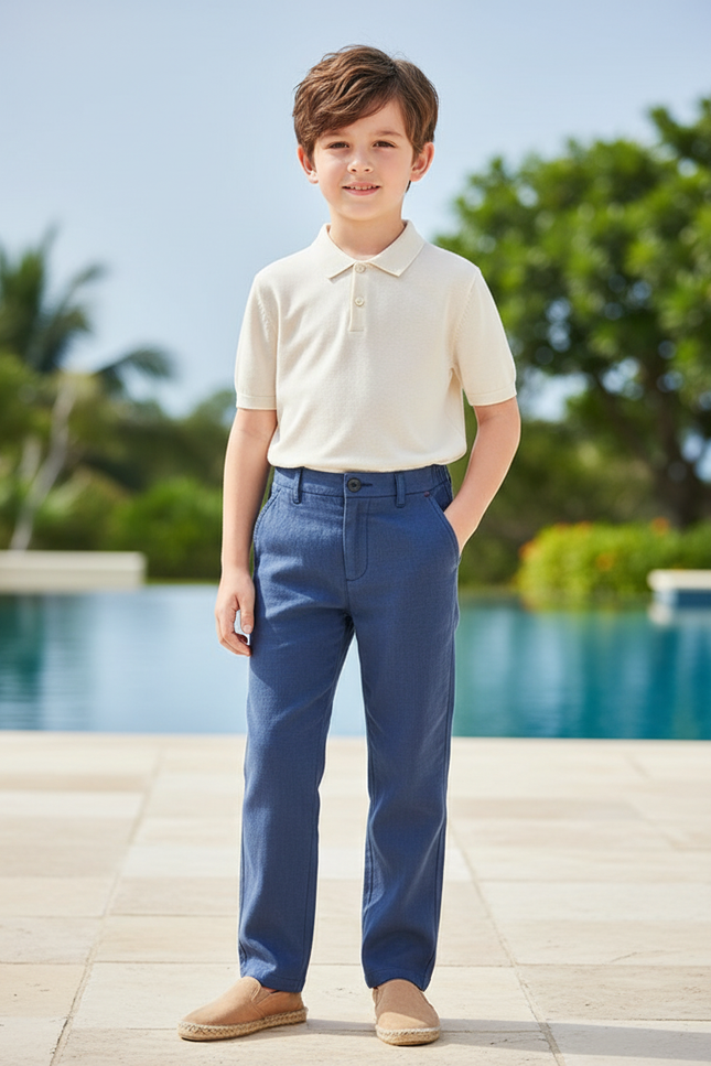 Pantalon En Lin Bleu Droit Décontracté Garçon