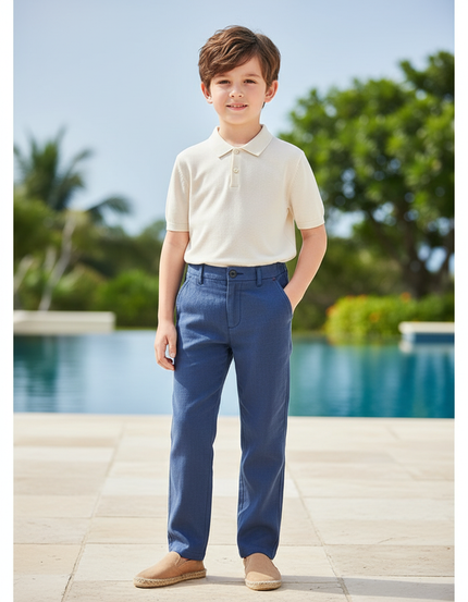 Pantalon En Lin Bleu Droit Décontracté Garçon