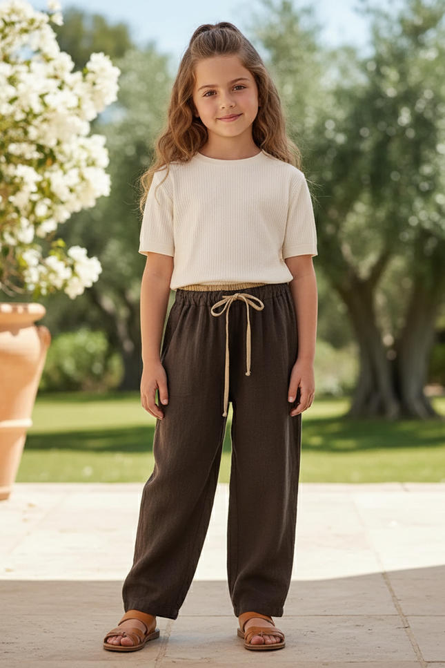 Pantalon En Lin Marron Ample Décontracté Confortable Enfant