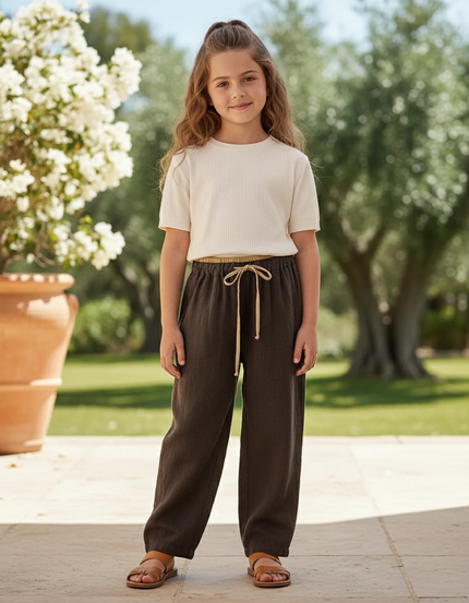 Pantalon En Lin Marron Ample Décontracté Confortable Enfant
