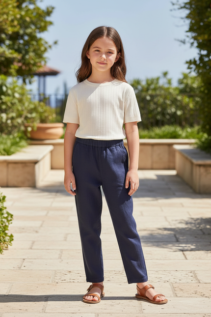 Pantalon En Lin Bleu Marine Droit Enfant