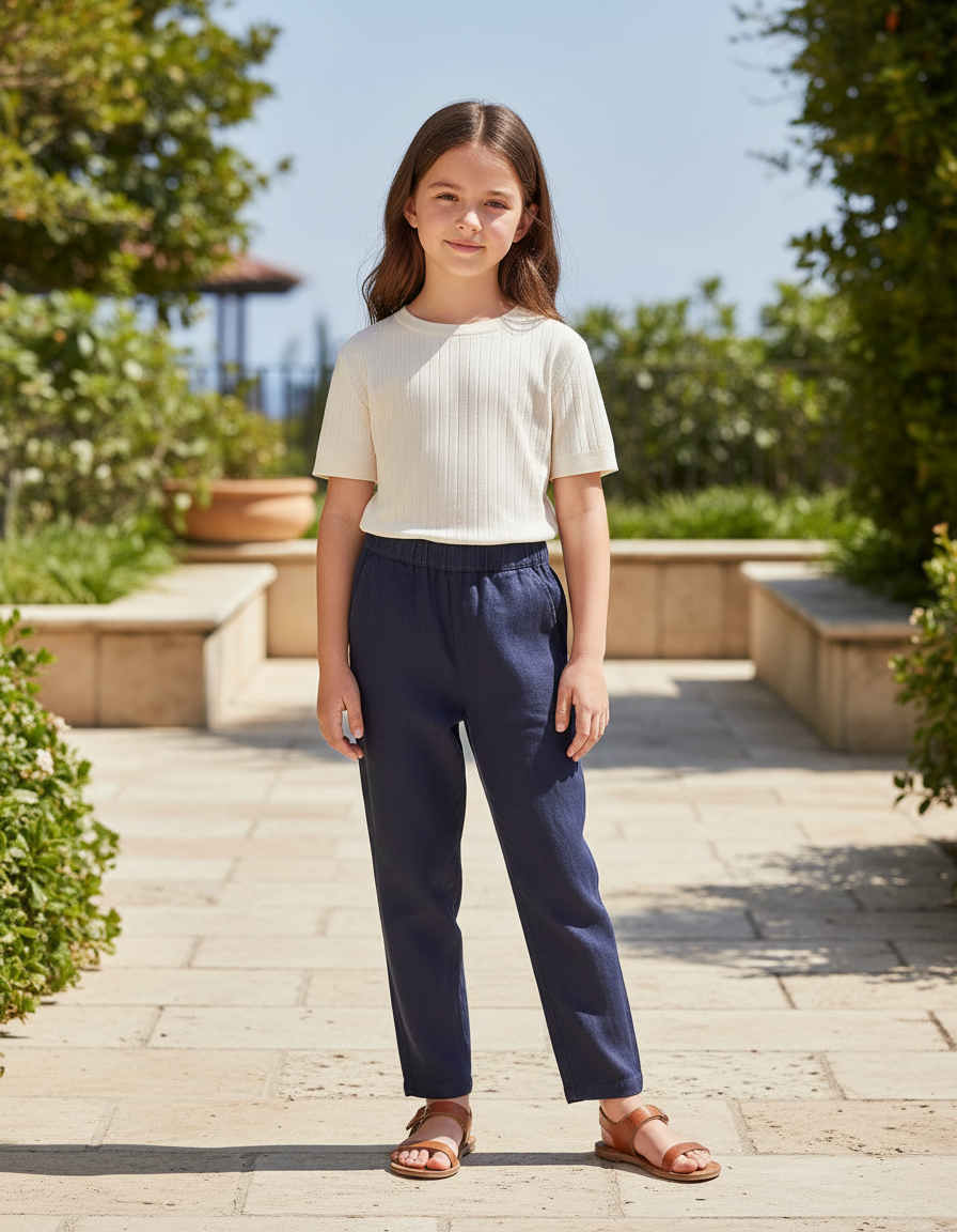 Pantalon En Lin Bleu Marine Droit Enfant