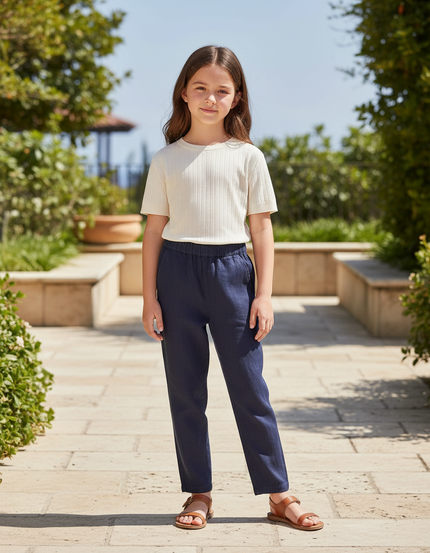 Pantalon En Lin Bleu Marine Droit Enfant