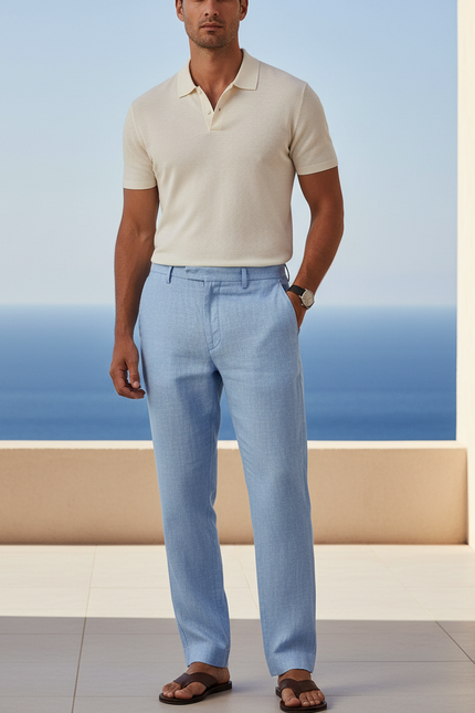 Pantalon En Lin Homme Bleu Clair Droit
