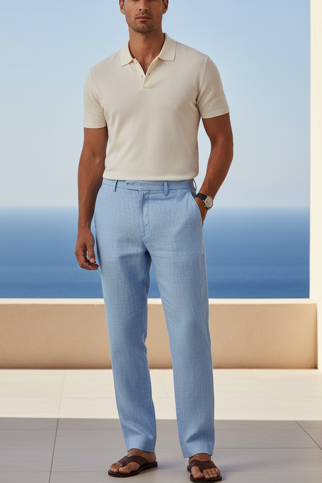 Pantalon En Lin Homme Bleu Clair Droit