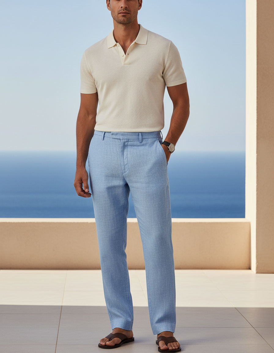 Pantalon En Lin Homme Bleu Clair Droit
