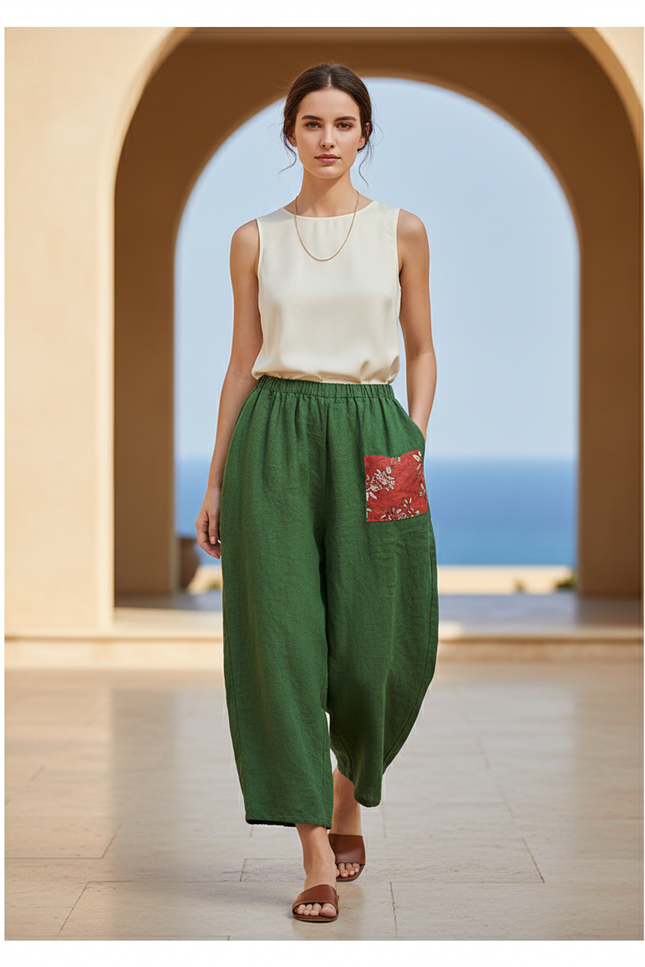 Pantalon En Lin Vert Ample Motif Floral Décontracté