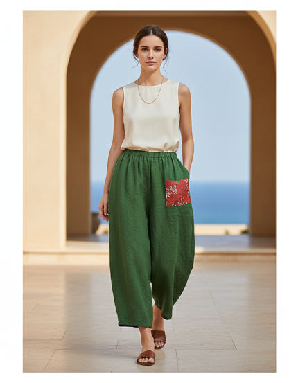 Pantalon En Lin Vert Ample Motif Floral Décontracté