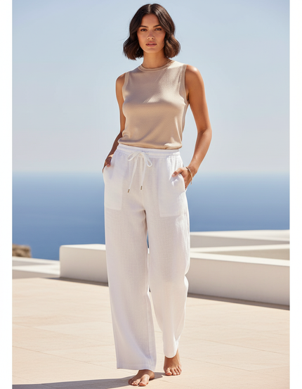 Pantalon En Lin Blanc Ample Décontracté Cordon Léger