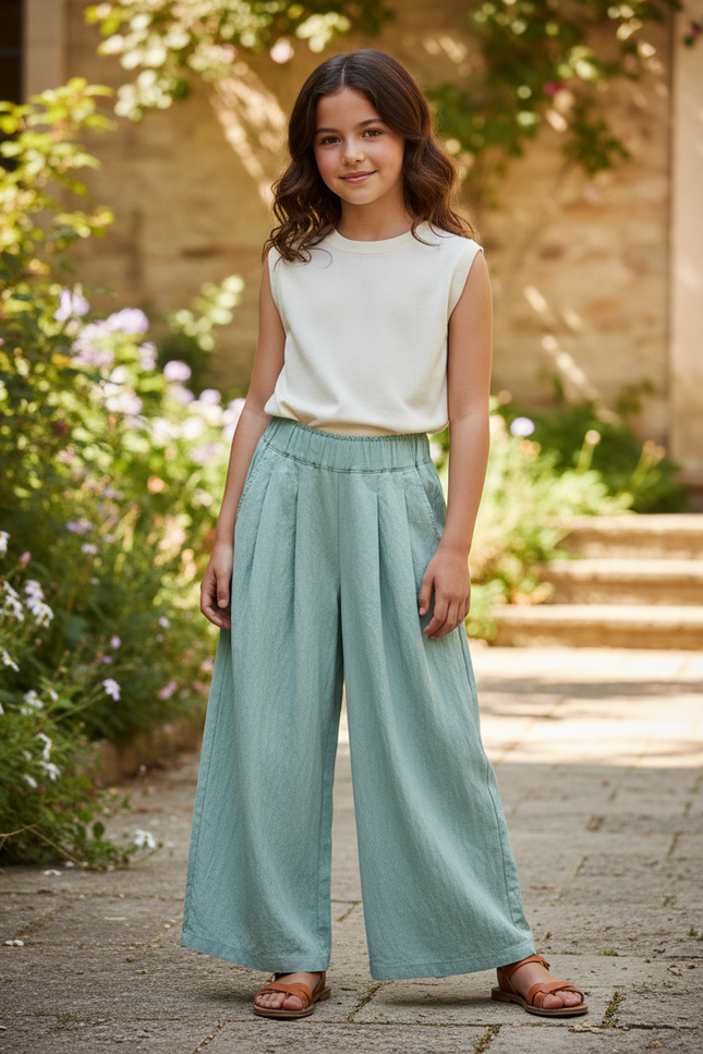 Pantalon En Lin Vert Ample Plissé Élastique Enfant