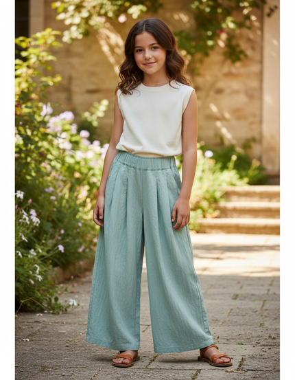 Pantalon En Lin Vert Ample Plissé Élastique Enfant