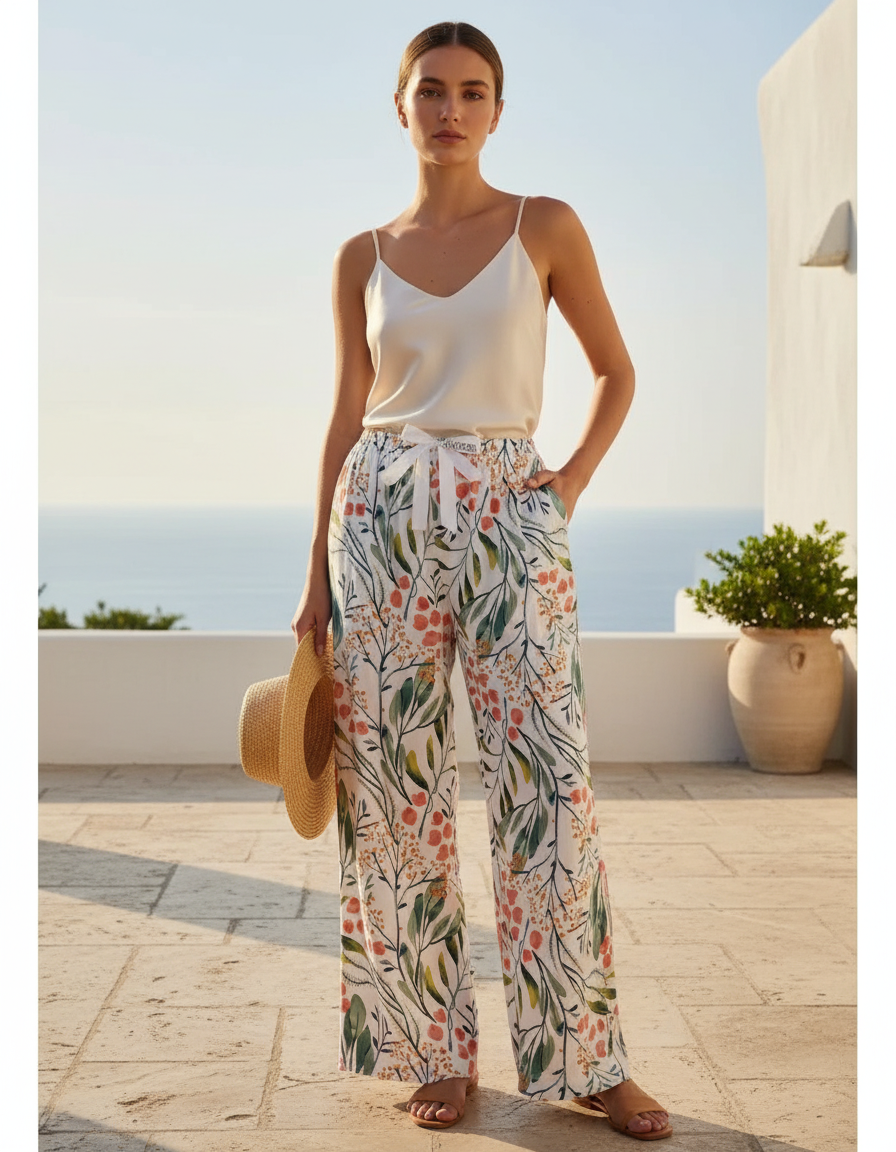 Pantalon En Lin Fluide Imprimé Floral Estival Femme