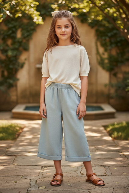 Pantalon En Lin Bleu Ciel Ample Décontracté Enfant - Molleton