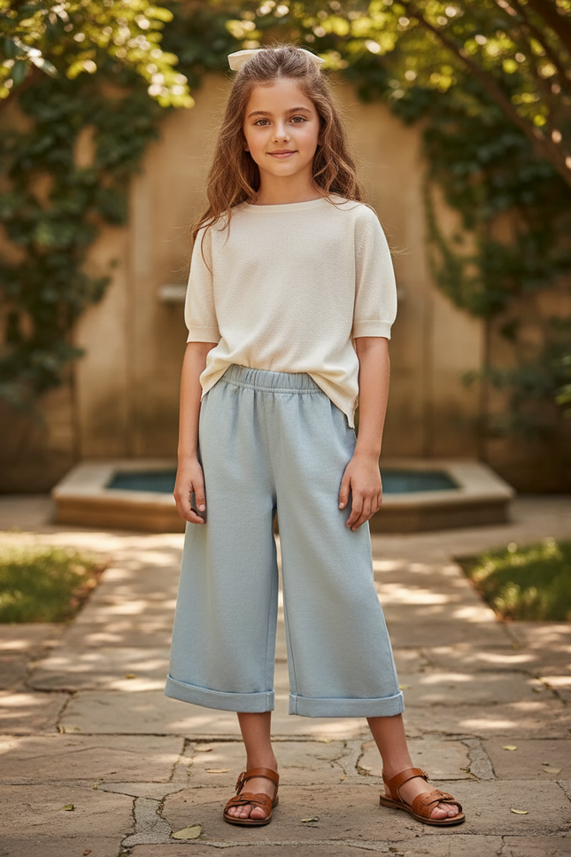 Pantalon En Lin Bleu Ciel Ample Décontracté Enfant - Molleton