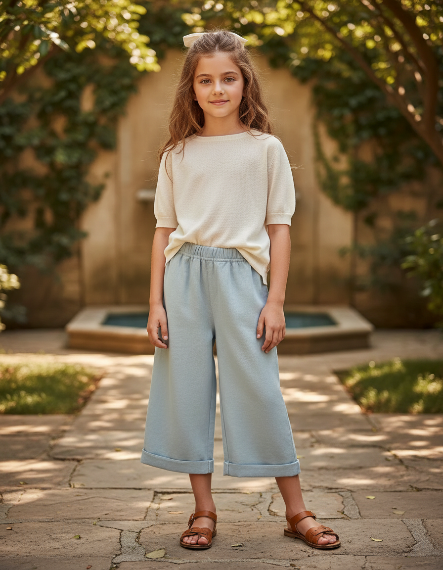 Pantalon En Lin Bleu Ciel Ample Décontracté Enfant - Molleton