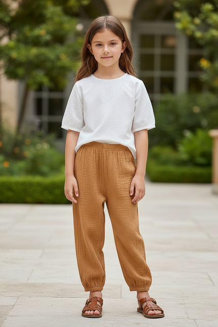 Pantalon En Lin Ample Marron Fille Décontracté Confortable - Camel