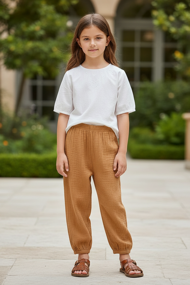 Pantalon En Lin Ample Marron Fille Décontracté Confortable - Camel