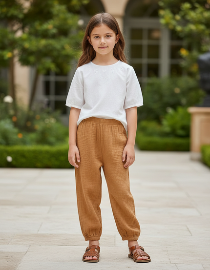 Pantalon En Lin Ample Marron Fille Décontracté Confortable - Camel