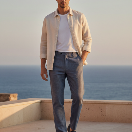 Pantalon En Lin Gris Droit Élégant Micro-Motif Homme