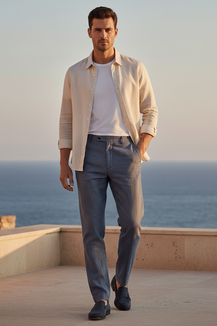 Pantalon En Lin Gris Droit Élégant Micro-Motif Homme