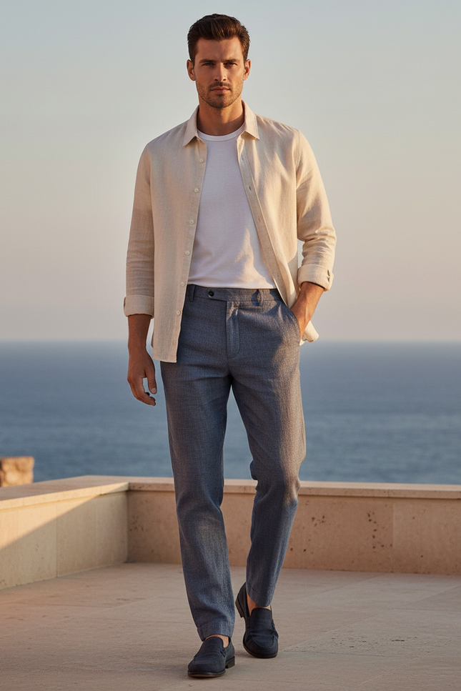 Pantalon En Lin Gris Droit Élégant Micro-Motif Homme