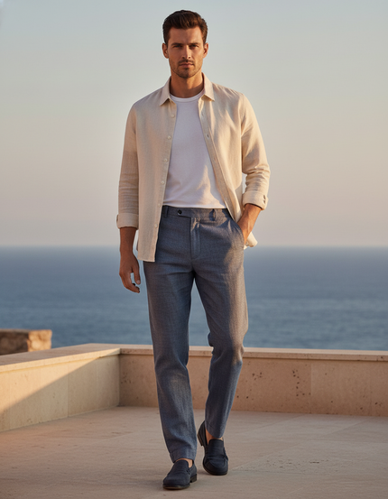 Pantalon En Lin Gris Droit Élégant Micro-Motif Homme