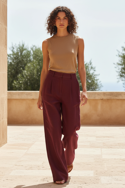 Pantalon En Lin Bordeau Ample Plissé Décontracté Fluide - Bordeaux