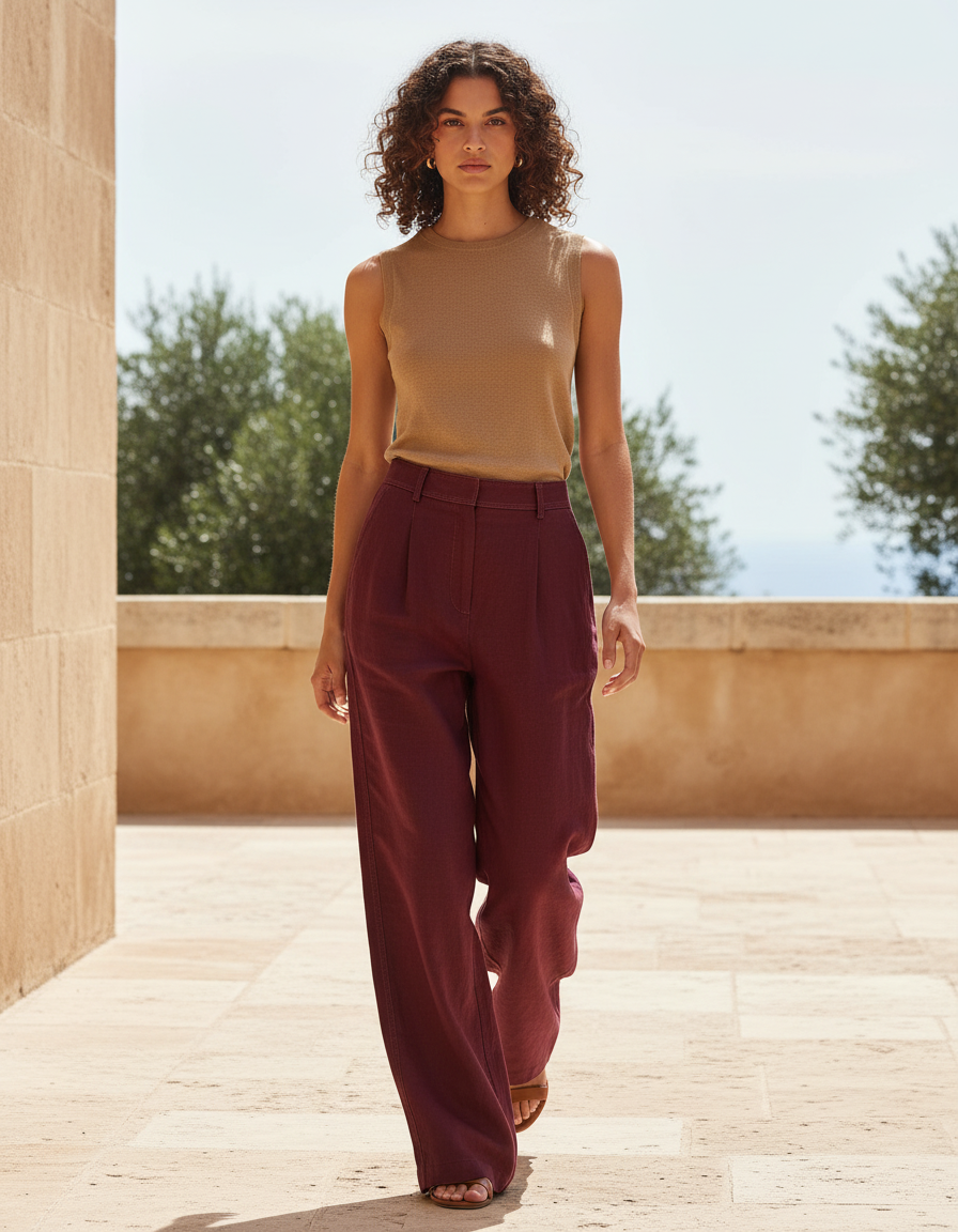 Pantalon En Lin Bordeau Ample Plissé Décontracté Fluide - Bordeaux