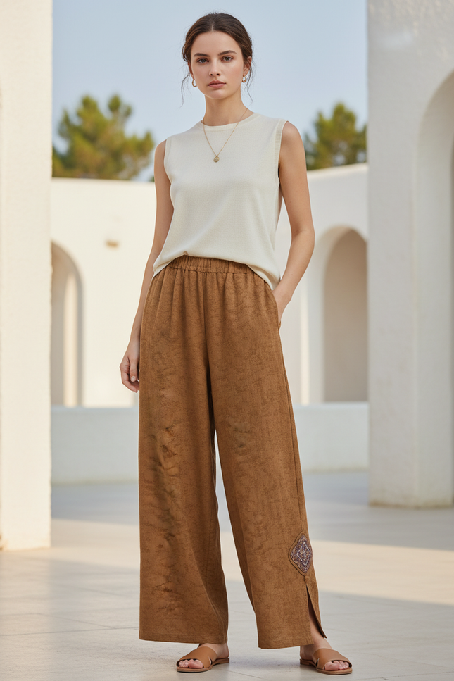 Pantalon En Lin Marron Ample Brodé Fendu Décontracté