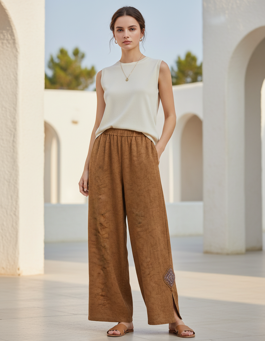Pantalon En Lin Marron Ample Brodé Fendu Décontracté