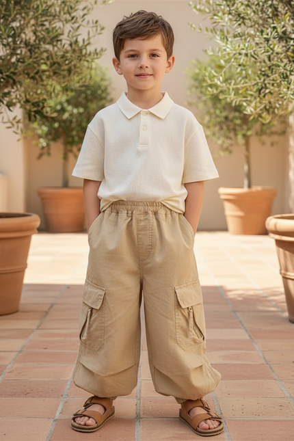 Pantalon En Lin Cargo Beige Ample Garçon Décontracté
